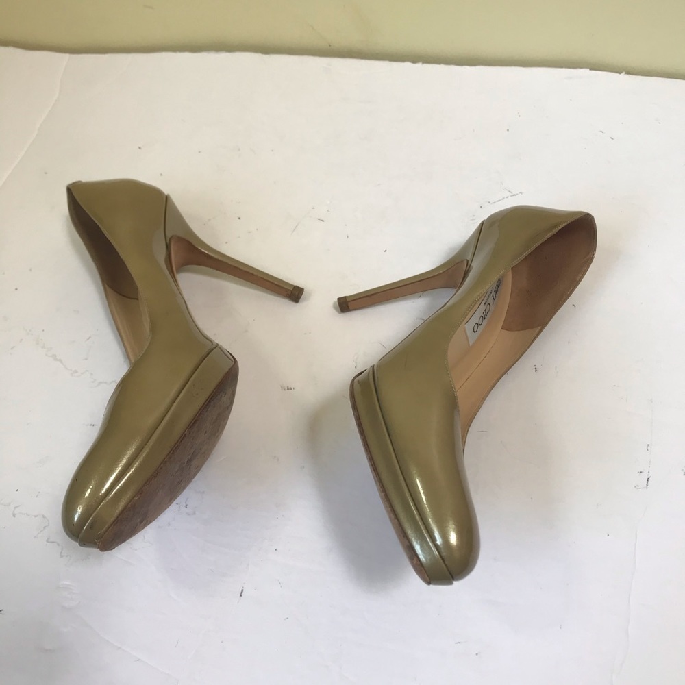 Jimmy Choo Patent Beige Platform Heels Pumps Shoes Almond Toe Wedge Heel Sexy - Picture 8 of 16
